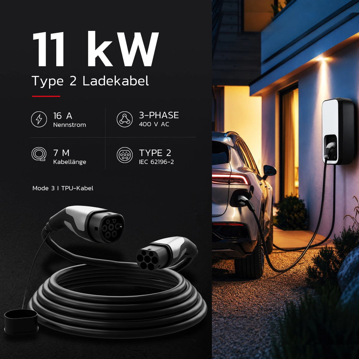 Ladekabel Typ 2 | 11kW | 7m